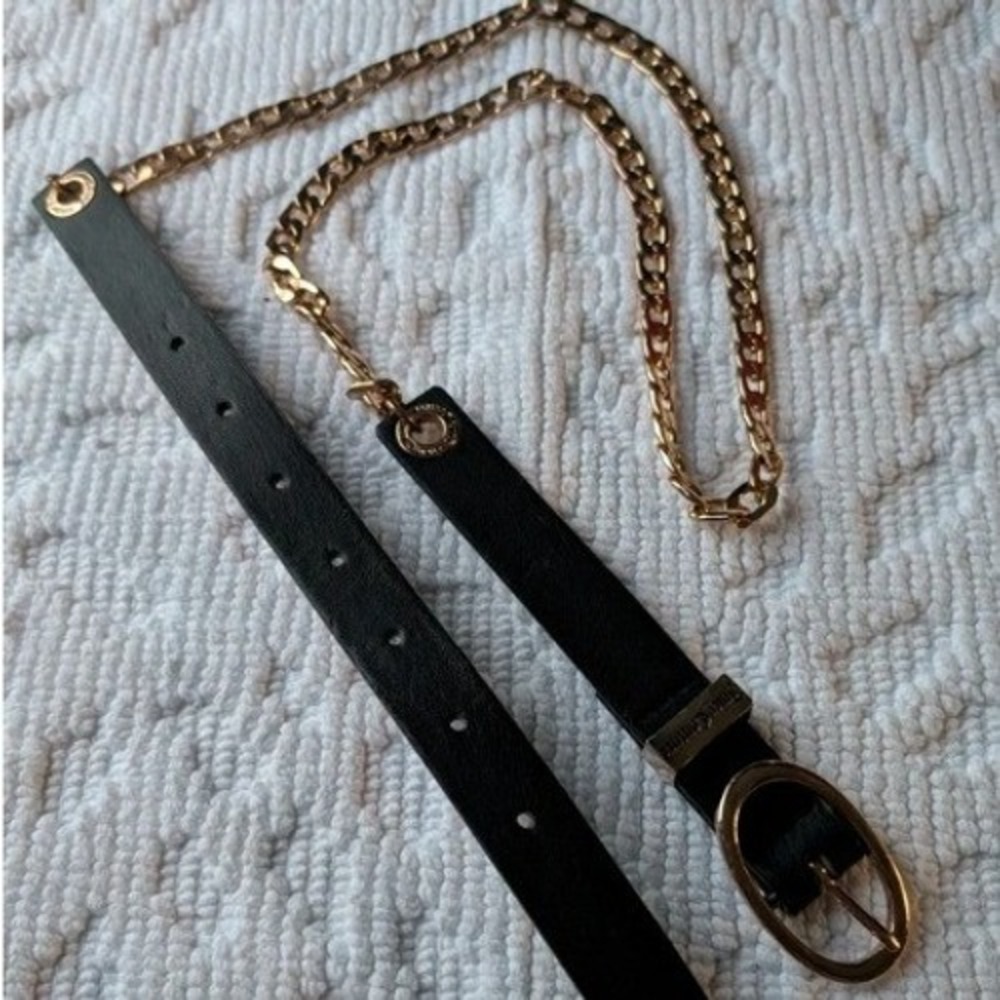 Juicy Couture Black‎ Faux Leather Gold Chain Skinny Belt Oval Buckle